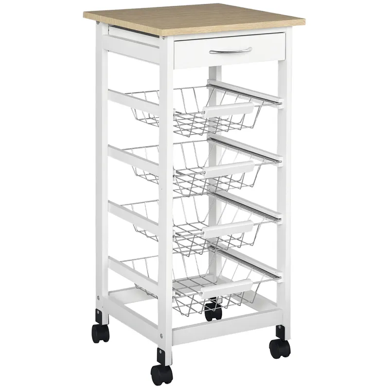 HOMCOM Cărucior de servire măsuță cu roți multi-rangements 4 coșuri metal + sertar lemn de pin 37 x 37 x 82 cm alb | Romania