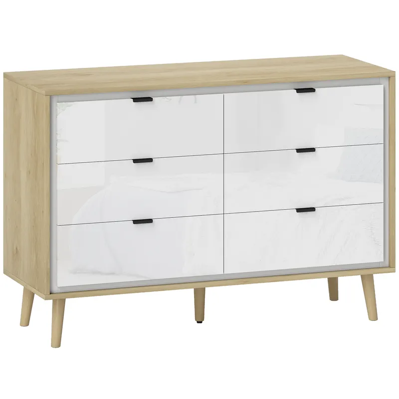 HOMCOM Comodă cu 6 Sertare din Lemn 110x40x75 cm Alb Lucios și Stejar | Romania
