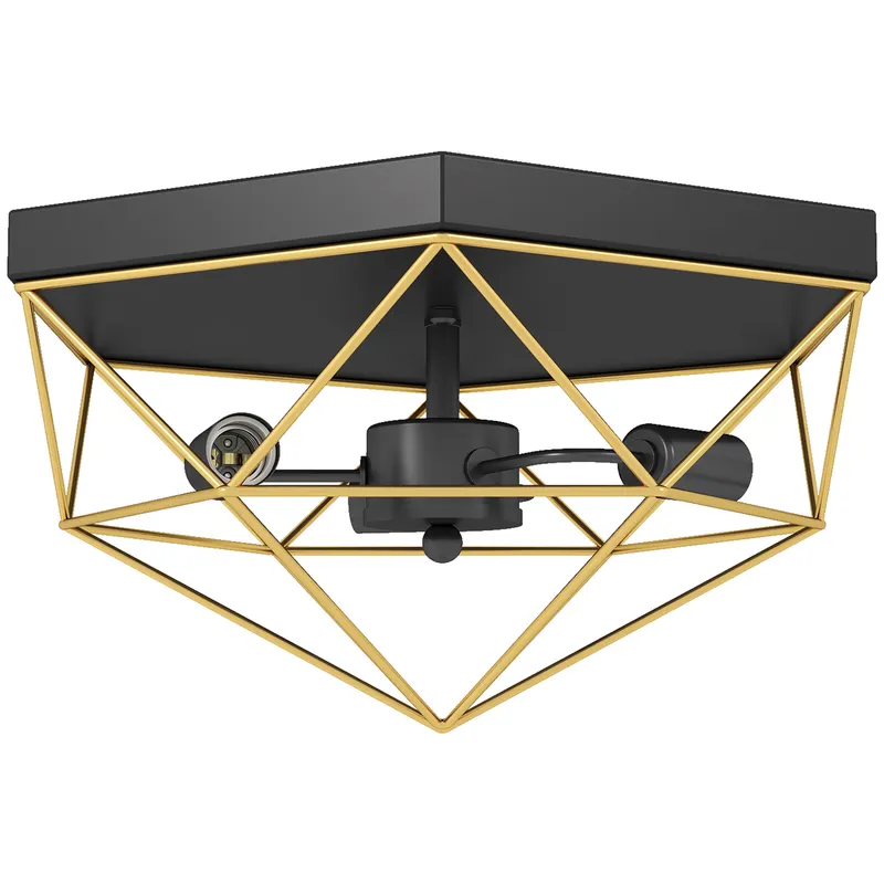 HOMCOM Lampă de Tavan Stil Industrial Geometrică cu 3 Suporturi E27 pentru Becuri LED, Negru și Auriu | Romania