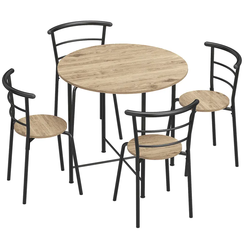 HOMCOM Set Masă Rotundă de Dining cu 4 Scaune Economisitor de Spațiu în Lemn și Metal Stil Industrial | Romania