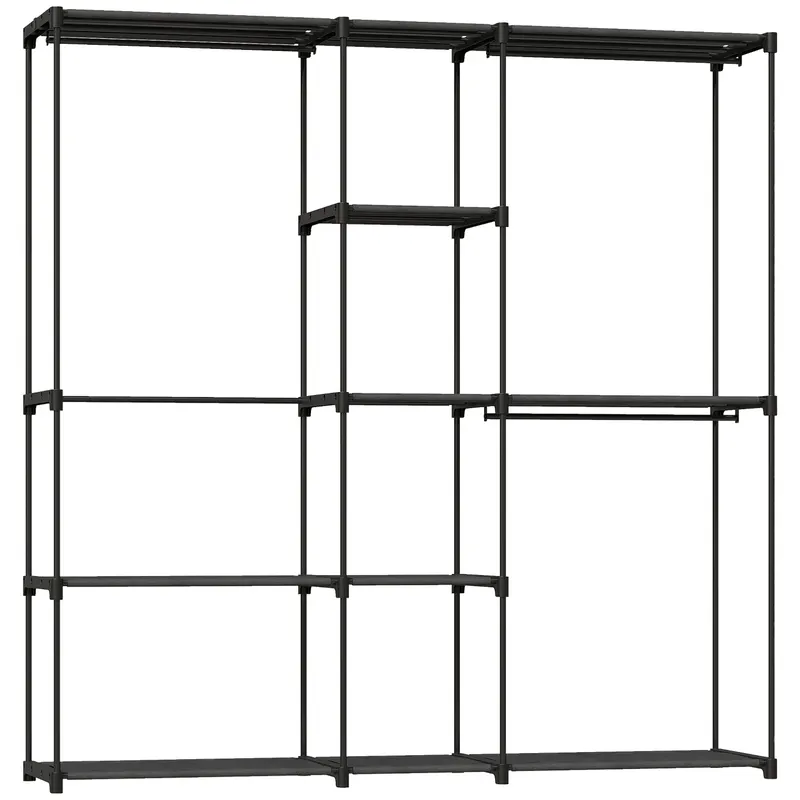 HOMCOM Dulap Garderobă din Material Textil cu 8 Rafturi și 3 Bare pentru Agățat, 182x43x185 cm, Negru | Romania