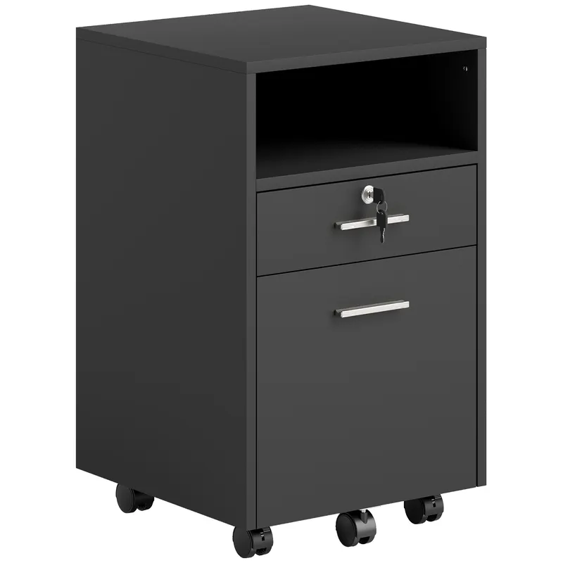 Vinsetto Comodă de Birou cu 2 Sertare și Raft Deschis, Mobilier cu 5 Rotile, Încuietoare și 2 Chei, 39x40x65 cm, Negru | Romania