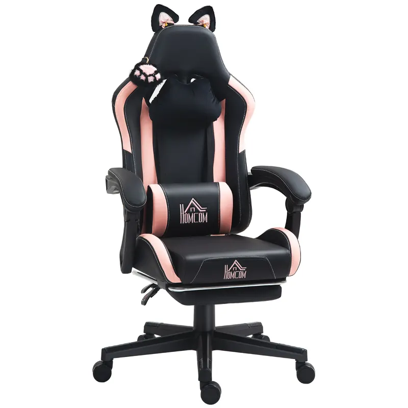 HOMCOM Scaun Gaming Ergonomic cu Urechi de Pisica, Roz | Romania