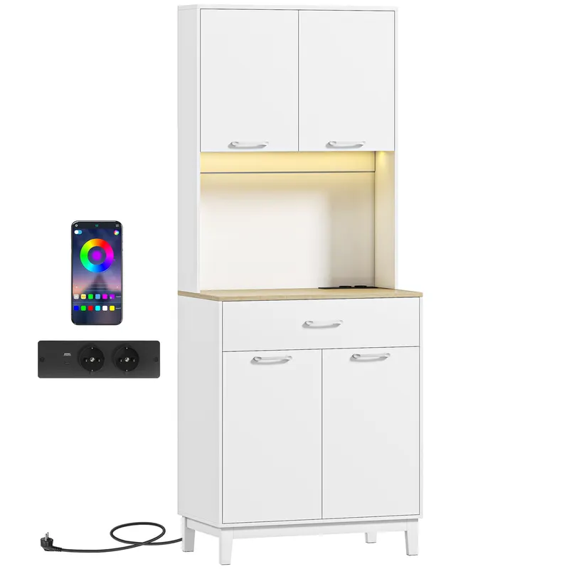 HOMCOM Credență Modernă cu Lumini, Prize USB, 2 Dulapuri și Sertar Alb | Romania