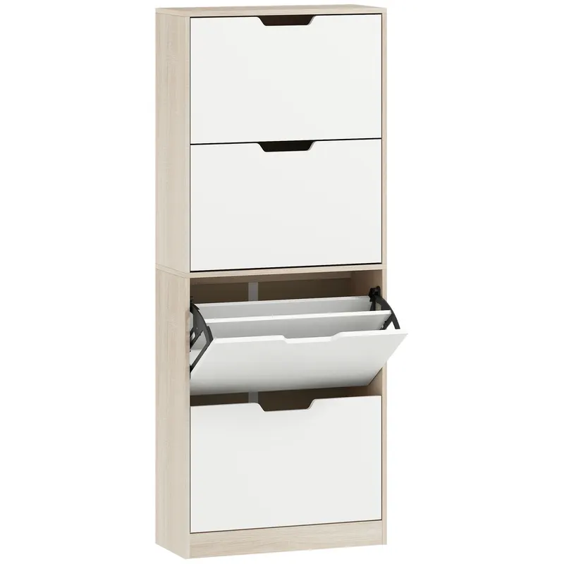 HOMCOM Dulap Subțire pentru Pantofi cu 4 Sertare pentru 16 de Perechi de Pantofi 62.5x26x156 cm, Culoare Lemn și Alb | Romania