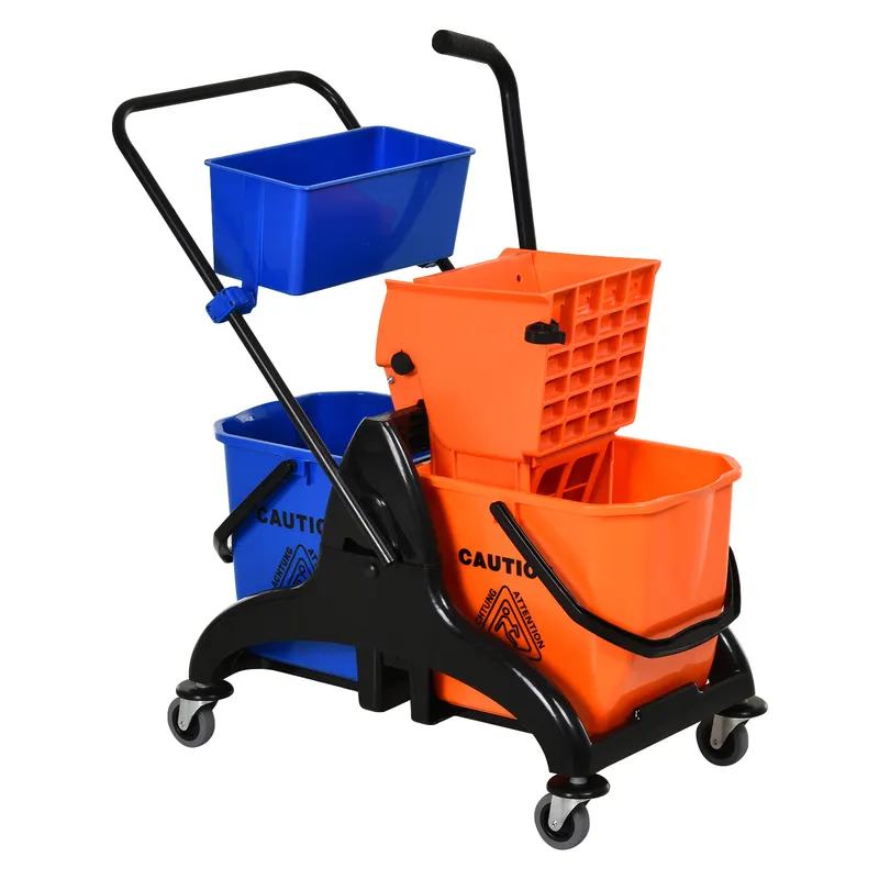 HOMCOM Cărucior Profesional de Curățenie cu 2 Găleți de 26L, Cărucior cu Presă, Mâner și 4 Roți Universale, pentru Hotel, Casă, Birou, 78x45x95 cm, Portocaliu și Albastru | Romania