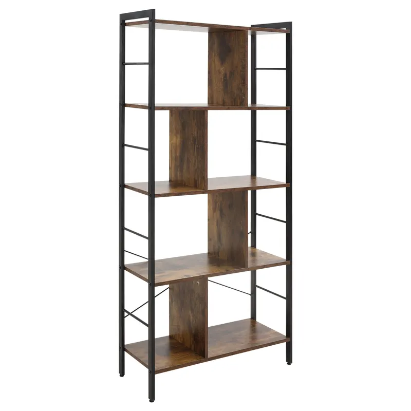 HOMCOM Bibliotecă cu 5 Rafturi, Compartimente Deschise, 77 x 30 x 157,5 cm, Maro Rustic și Negru | Romania
