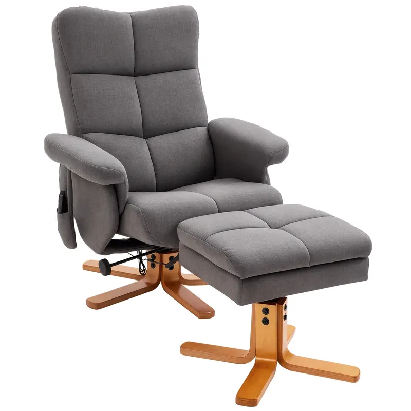 HOMCOM Fotoliu relaxant cu suport pentru picioare, spațiu de depozitare, fotoliu de masaj electric cu funcție de culcare, fotoliu TV rotativ cu buzunar lateral, telecomandă, cadru din lemn, poliester, Gri închis | Romania