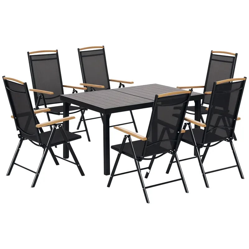 Outsunny Salon de grădină exterioară 6 persoane, cadru din aluminiu, masă 140 cm, 6 scaune pliabile și înclinabile, negru | Romania