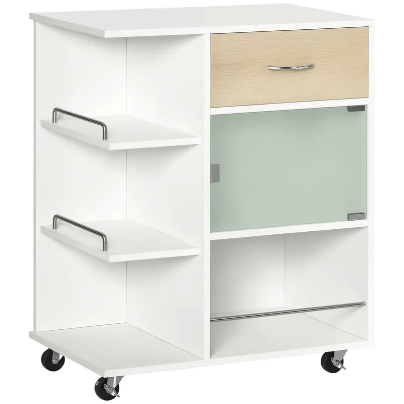 HOMCOM Carucior de bucătărie insulă centrală de bucătărie cu roți pivotante 360° rafturi cu bariere 65 x 39 x 80 cm alb | Romania