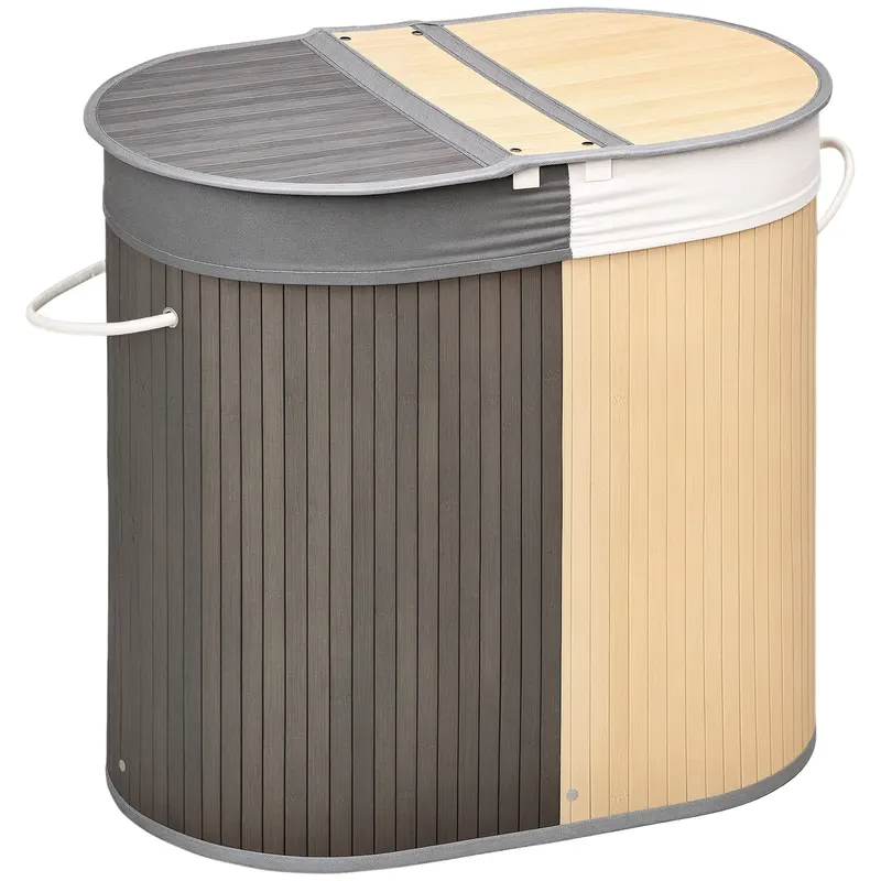 HOMCOM Cos de rufe din bambus 100L cu 2 sectiuni, capac si sac detasabil 62,5 x 37 x 60,5 cm - gri | Romania