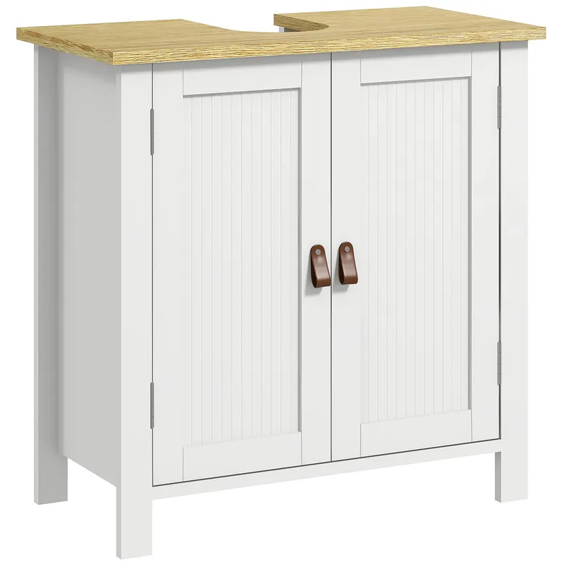 kleankin Mobilier sub-lavabo 2 usi raft reglabil 2 etaje interioare manere din PU 60 x 30 x 60 cm alb | Romania