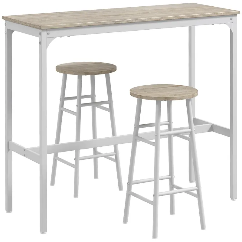 HOMCOM Set masă înaltă de bar + 2 scaune cu structură din oțel și blat cu aspect de lemn natural, pentru 2 persoane, alb | Romania