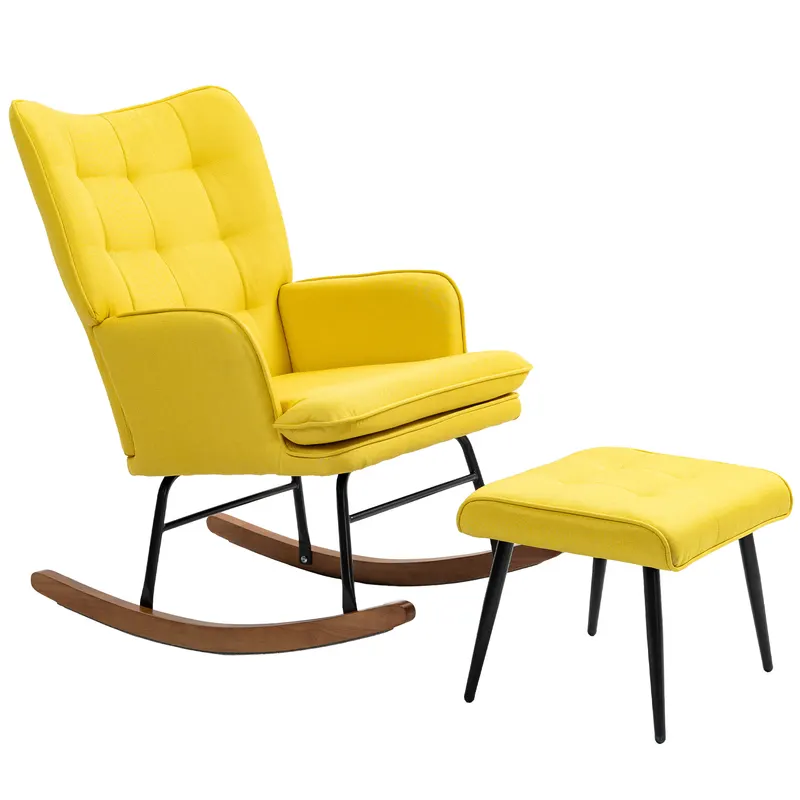 HOMCOM Scaun Fâșnâit cu Taburet Design Scandinav, Scaun Fâșnâit cu Taburet, Lemn de Fag, Captuseala, 64 cm x 89 cm x 90 cm Galben | Romania