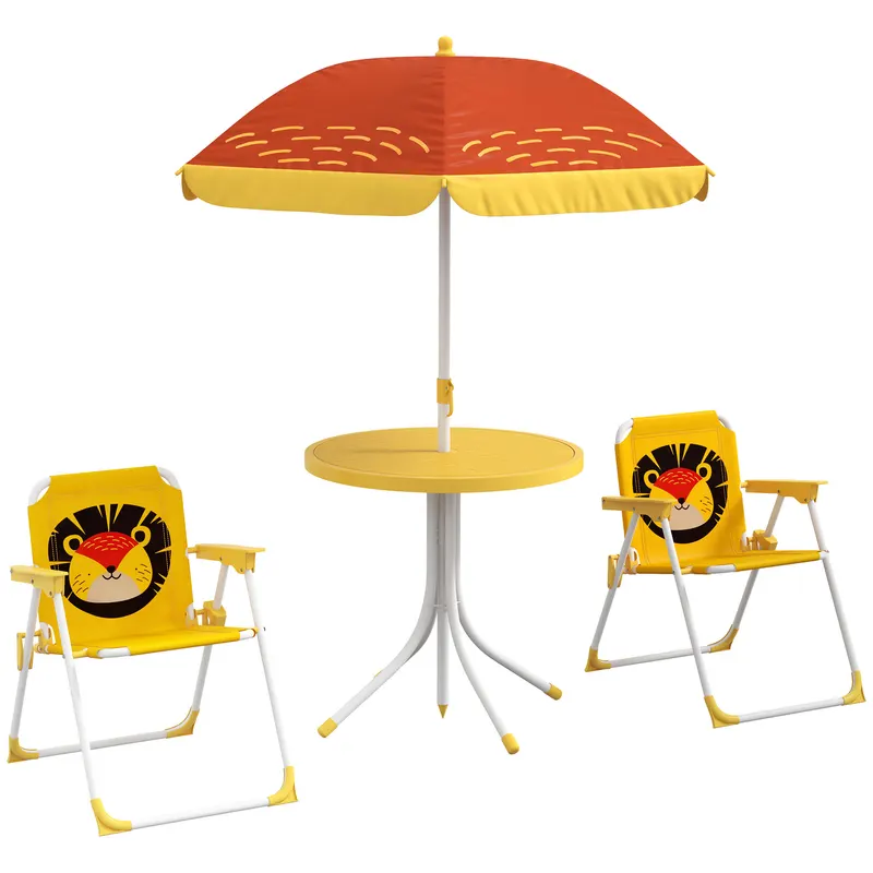 Outsunny Set mobilier de grădină pentru copii 4 piese motiv de leu cu umbrelă reglabilă Ø 100 cm scaun pliabil galben | Romania