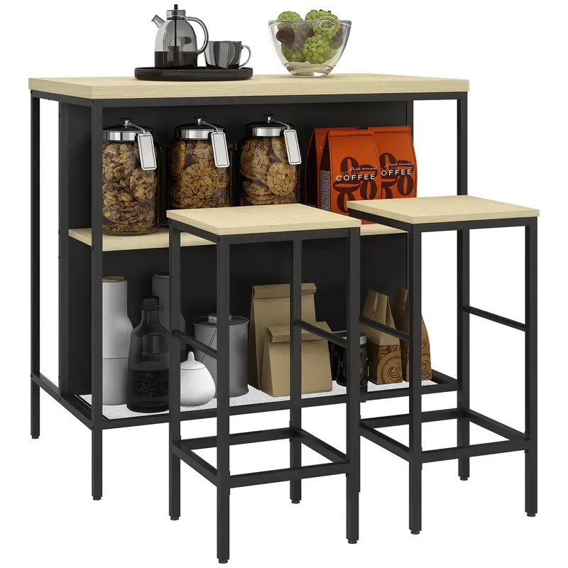 HOMCOM Set masă de bar și 2 taburete de stil industrial cu raft de depozitare, suporturi pentru picioare, metal negru și aspect lemn | Romania