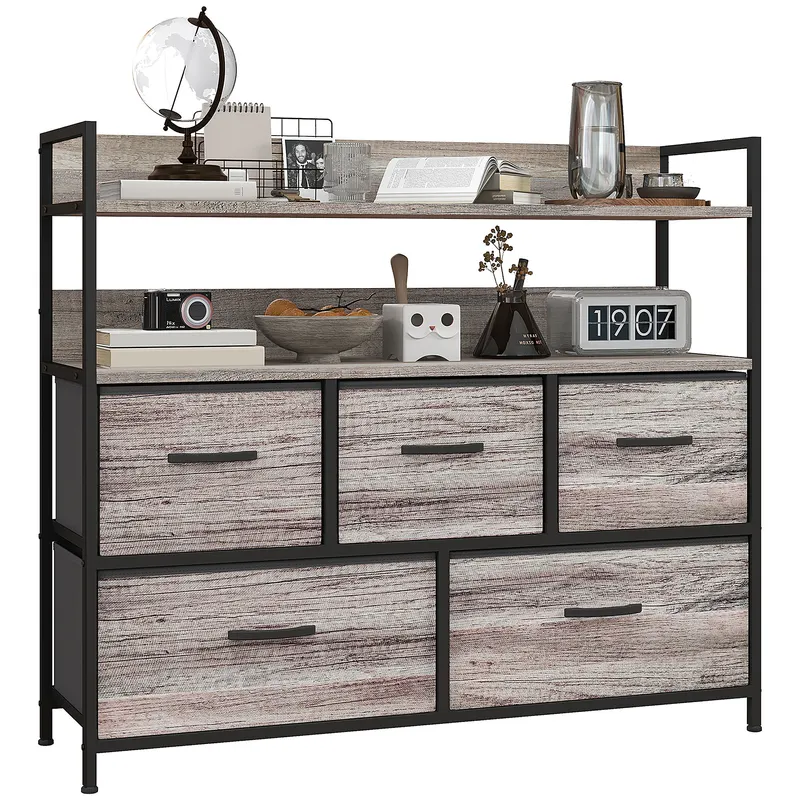 HOMCOM Mobilier de depozitare stil industrial comoda 5 sertare din material textil pliabile și detașabile și rafturi - 98l x 29P x 85H cm | Romania