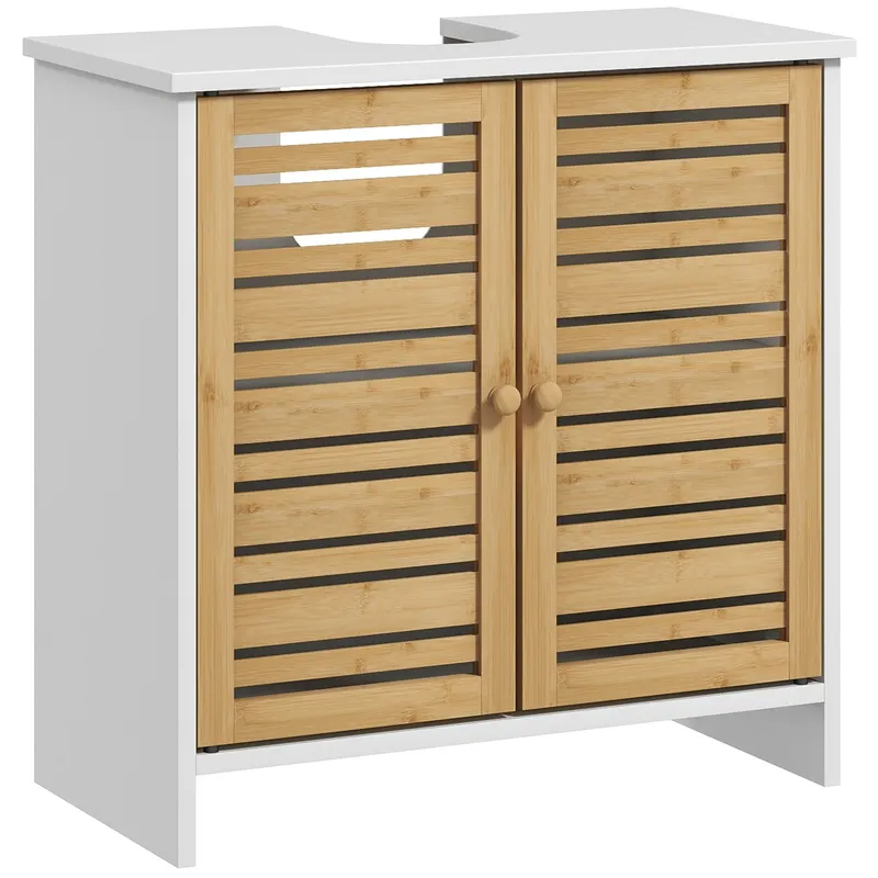 HOMCOM Birou sub vas de baie cu 2 usi etajera reglabila dulap de depozitare pentru chiuveta 60x30x60 cm bambus alb | Romania