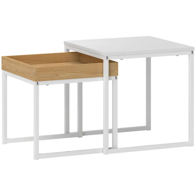 HOMCOM Set de Măsuțe de Cafea Impilabile Moderne cu Tavă, 45x45x45 cm, Alb și Stejar | Romania