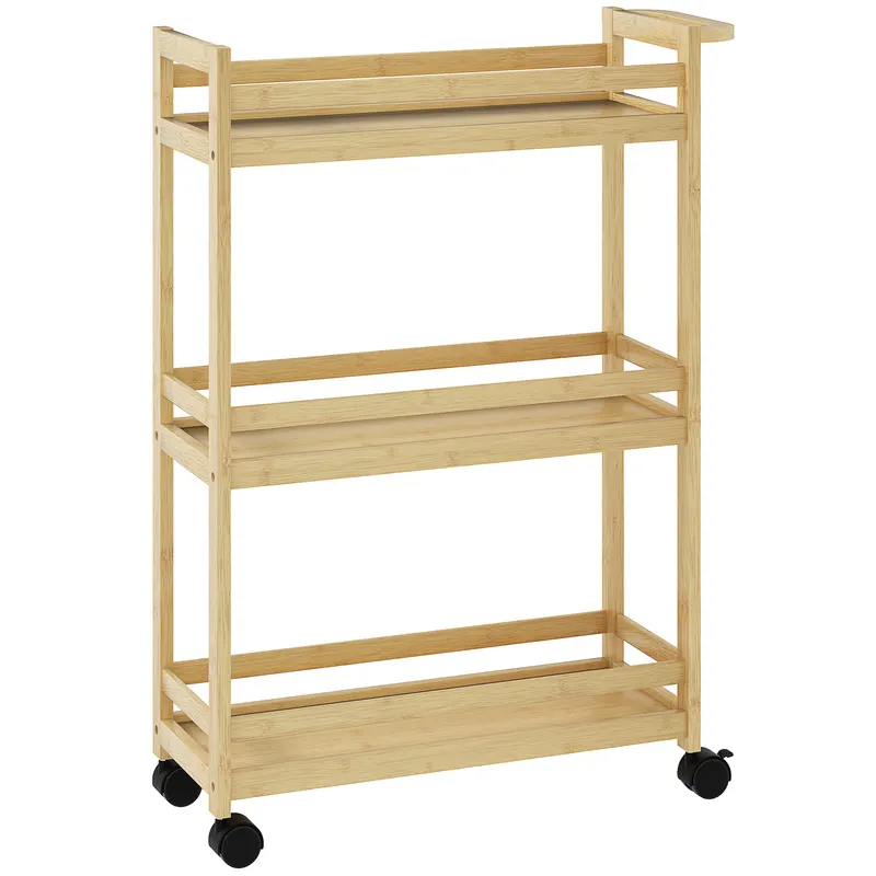 HOMCOM Raft de Baie din Bambus cu 3 Niveluri, Carucior Organizator cu Roți pentru Bucătărie, Baie, Living, 55 x 20 x 75 cm - Natural | Romania
