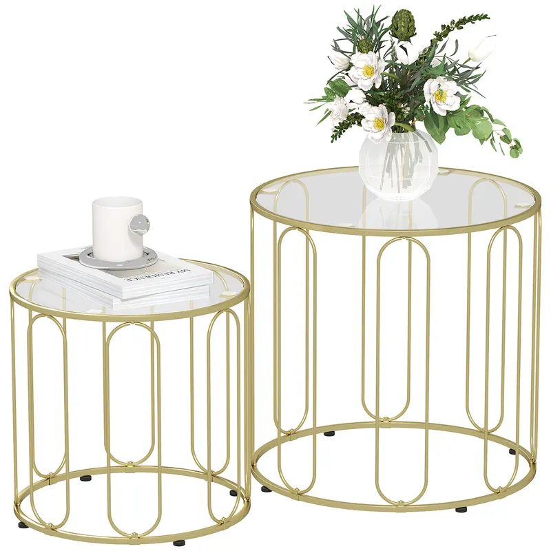 HOMCOM Set de 2 mese de cafea gigogne rotunde moderne cu cadru din metal și blat din sticlă securizată, ton auriu | Romania