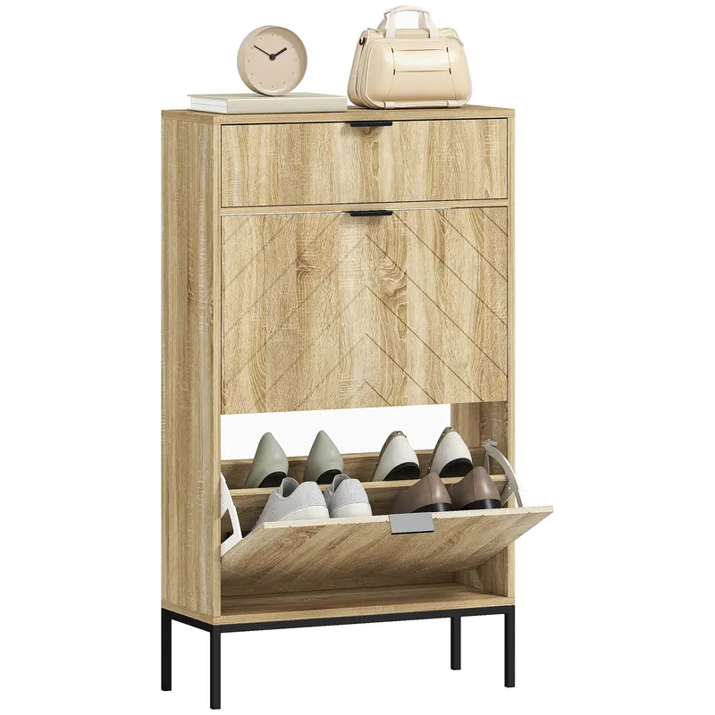 HOMCOM Mobilier de pantofi 8 perechi cu sertar glisant, 2 sertare rabatabile, rafturi reglabile, 60x24x105,5cm, stejar | Romania