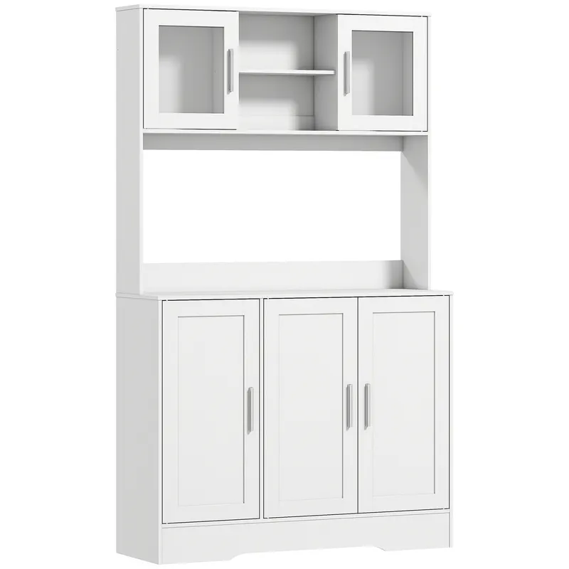 HOMCOM Dulap Bucătărie de 180cm, Dulap Înalt cu 4 Compartimente, Uși din Sticlă Securizată, 2 Rafturi Deschise, Rafturi Reglabile, Blat pentru Electrocasnice, pentru Bucătărie sau Living, Alb | Romania