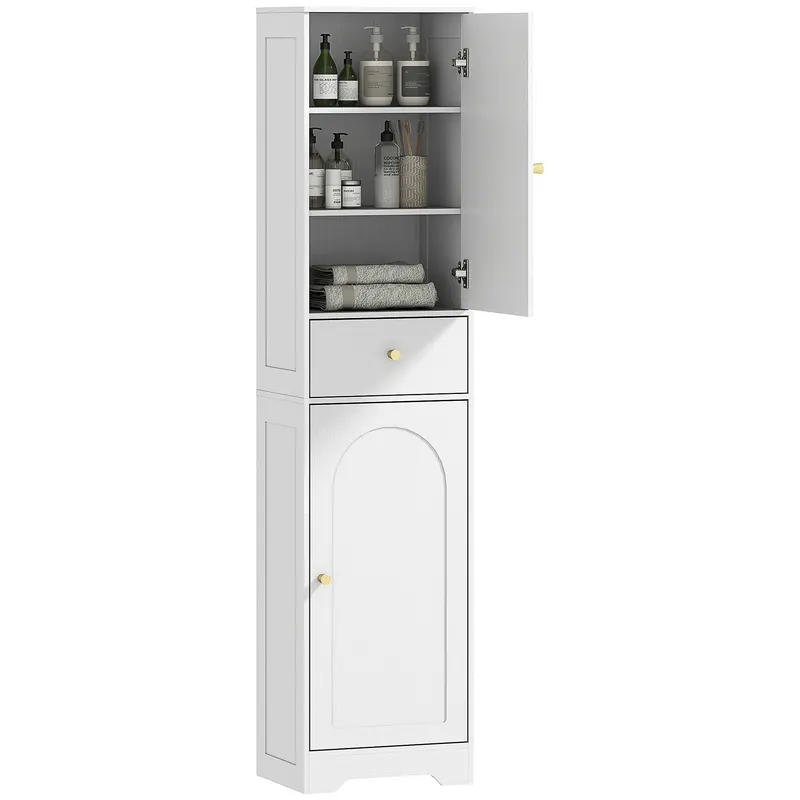 HOMCOM Dulap baie înalt, mobilier depozitare coloană cu dulapuri, sertar și rafturi reglabile 40x29,5x170cm alb | Romania