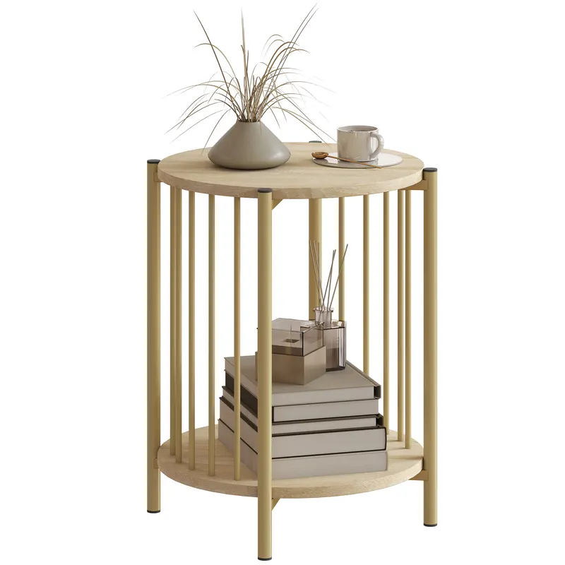 HOMCOM Masa laterală, masă de cafea cu 2 nivele cu raft de depozitare și cadru din oțel, Ø 41 x 49 cm efect lemn natural | Romania