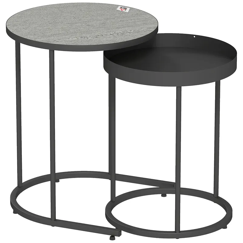 HOMCOM Set de 2 Măsuțe de Cafea în Stil Industrial, din Lemn și Metal, Ø42x54 cm și Ø36.5x48.5 cm, Gri și Negru | Romania