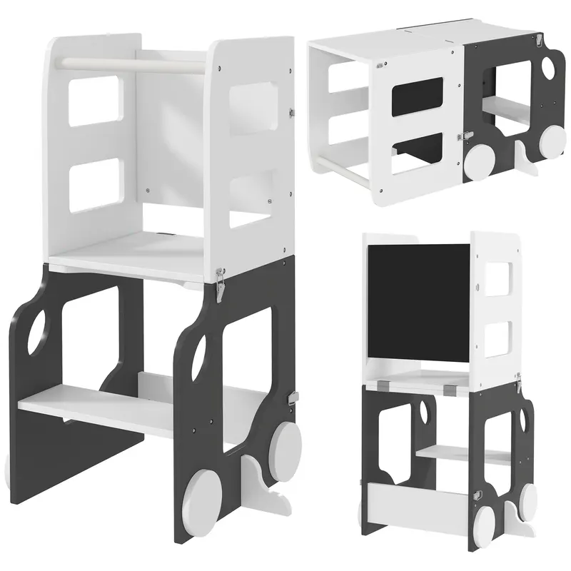 AIYAPLAY Scara Montessori 4 în 1 pentru Copii cu 2 Table și Set Masă și Scaun, din Lemn, 58x46x92 cm, Alb | Romania