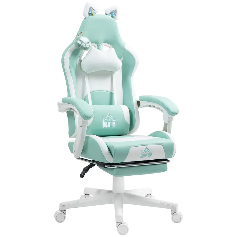 Scaun de Gaming Reclinabil HOMCOM cu Suport pentru Picioare și Perne, din Piele Artificială și Spumă, 65x62x116-124 cm, Albastru și Alb | Romania
