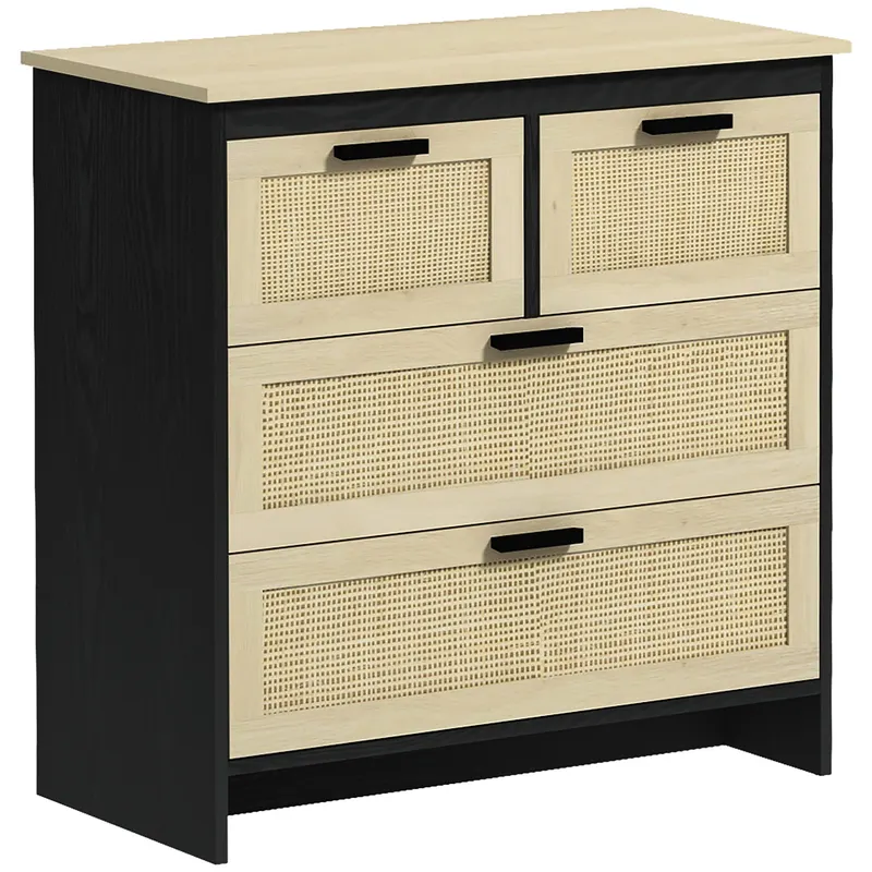 HOMCOM Comodă 4 Sertare, Mobilier Sufragerie/Dormitor, PAL și Ratan, 80x38x80cm, Negru/Lemn Natural | Romania