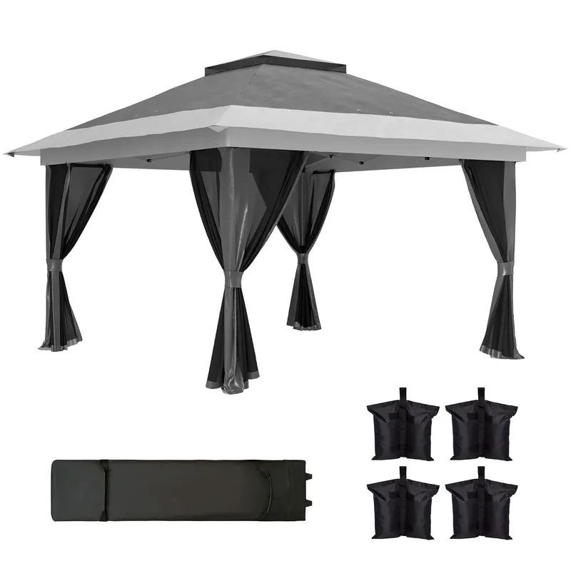 Outsunny Pavilion Pliabil cu Pereți din Plasă, Înălțime Reglabilă și Protecție UV, 356x356x280 cm, Gri | Romania