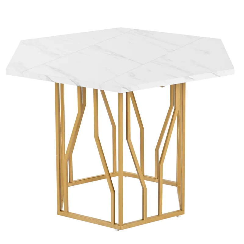 Masă de dining hexagonală modernă, Alb+Auriu | Romania