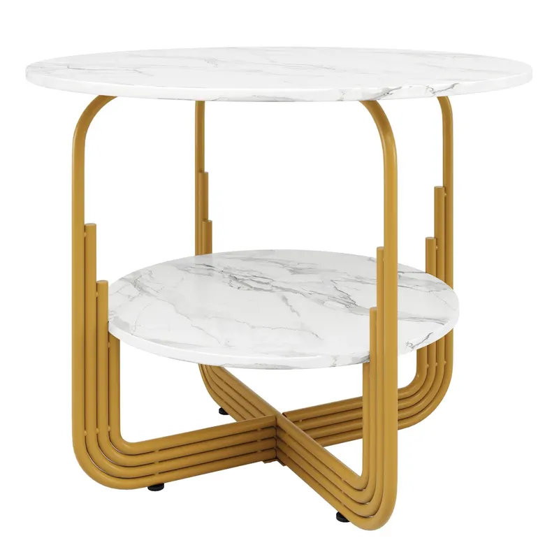 Masă rotundă de dining pentru 4 persoane, Alb+Auriu | Romania