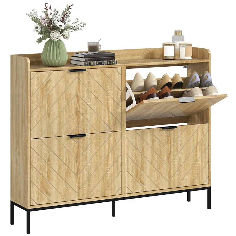 HOMCOM Mobila de pantofi 16 perechi cu 4 sertare, uși rabatabile, rafturi reglabile, 110 x 23,5 x 95,5 cm, stejar | Romania