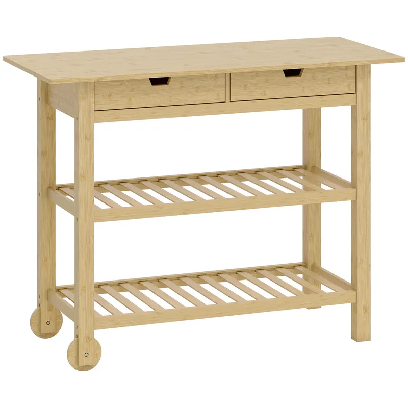 HOMCOM Cărucior de Bucătărie din Lemn de Bambus cu 2 Sertare, 2 Rafturi și 2 Roți, 100x43x75 cm, Lemn | Romania