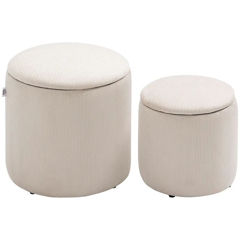 HOMCOM Set de 2 Pouf-uri pentru Depozitare Salvaspazio Rotunde și Îmbunătățite din Catifea cu Nervuri, Alb | Romania