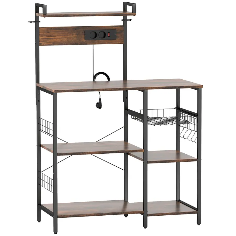 HOMCOM Raft pentru bucătărie, raft independent cu 2 prize, 5 cârlige S, 5 polițe, coș, bare în X, oțel 90 x 42 x 130 cm | Romania