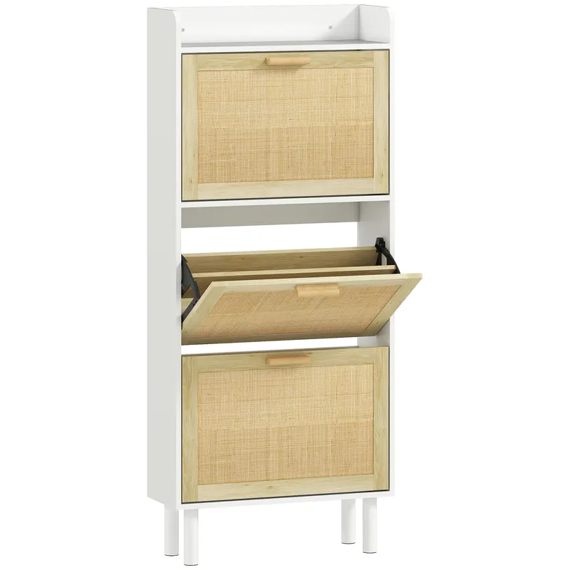 HOMCOM Dulap pentru pantofi 3 uși rabatabile etajeră efect rășină împletită design boem 65 x 24,5 x 153 cm alb | Romania