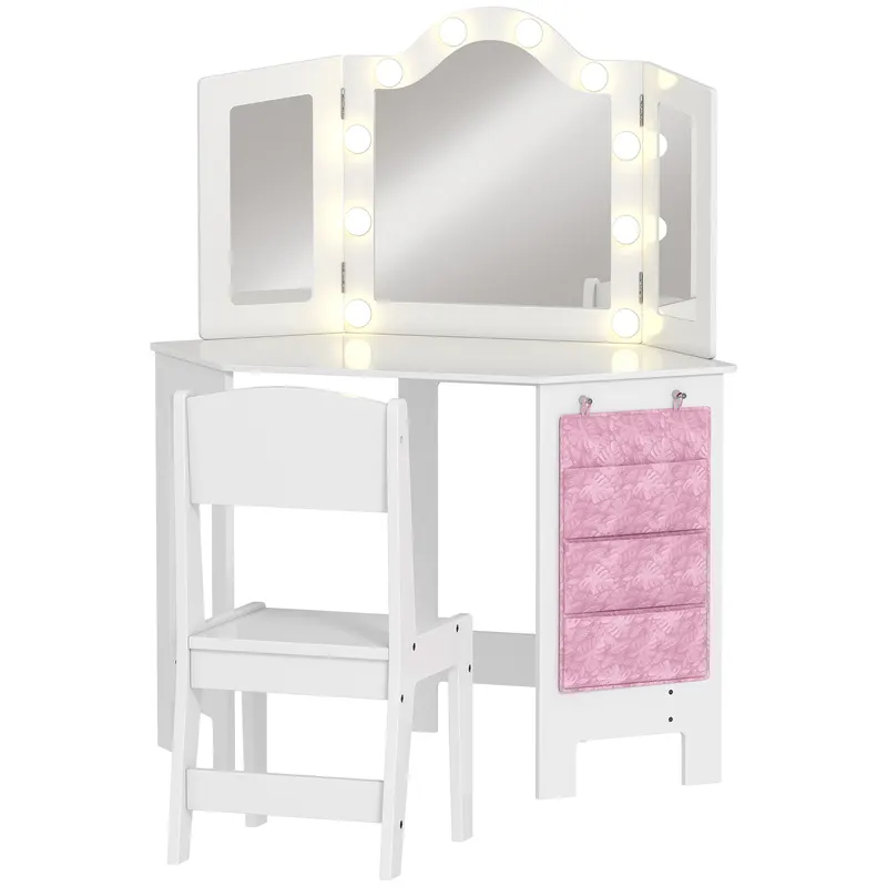 AIYAPLAY Masă de toaletă pentru copii 2 în 1 cu scaun oglindă triptică și lumini LED bicolore 93,6 x 48,5 x 111,5 cm alb | Romania