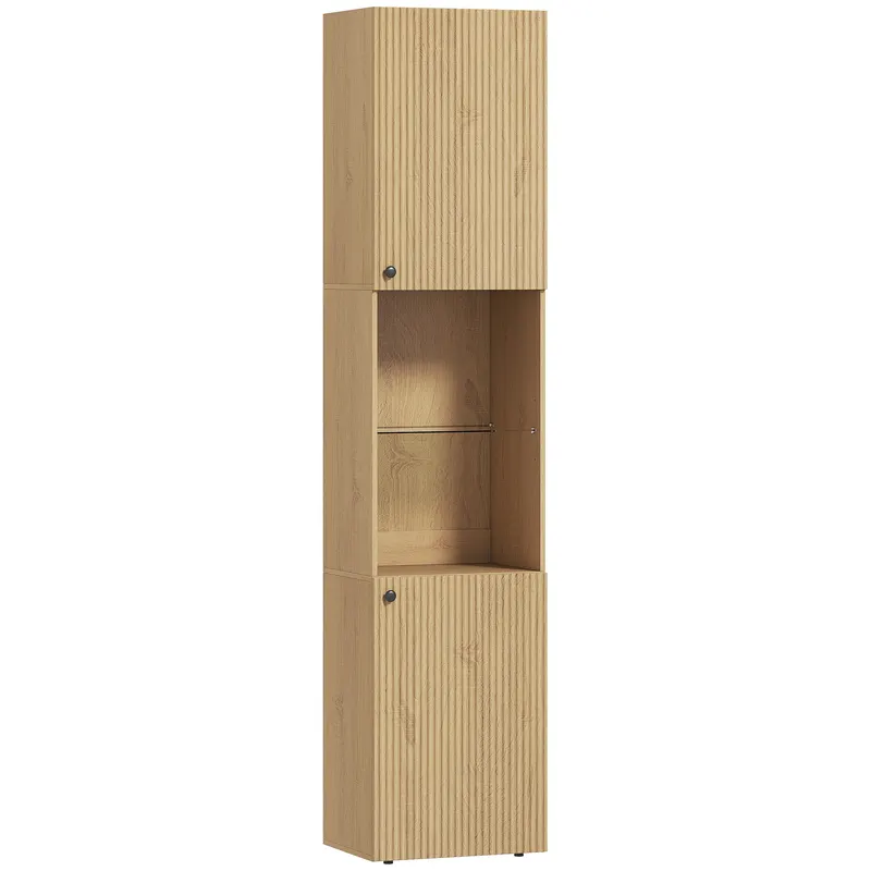 HOMCOM Coloană Baie Slim 6 Rafturi, 2 Uși, Compartimente Deschise, Raft din Sticlă Securizată, Rafturi Reglabile, Stejar | Romania