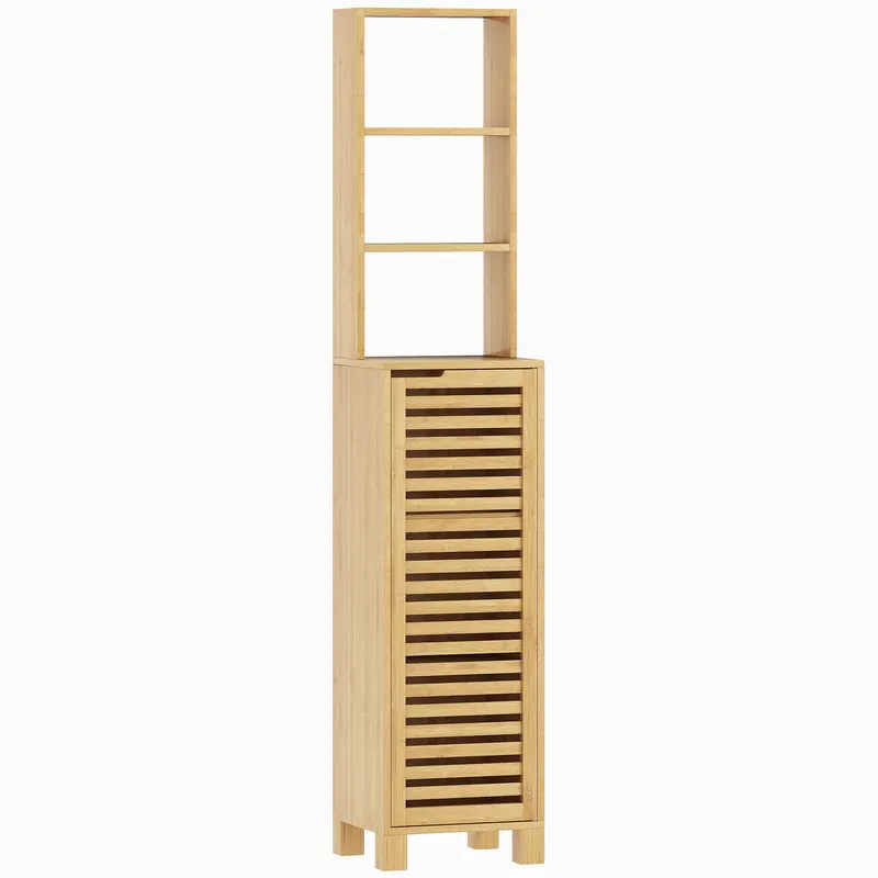 HOMCOM Dulap înalt pentru baie din bambus Coloană îngustă cu 3 polițe deschise Ușă cu lamele Rafturi reglabile 34x30x170 cm Natural | Romania