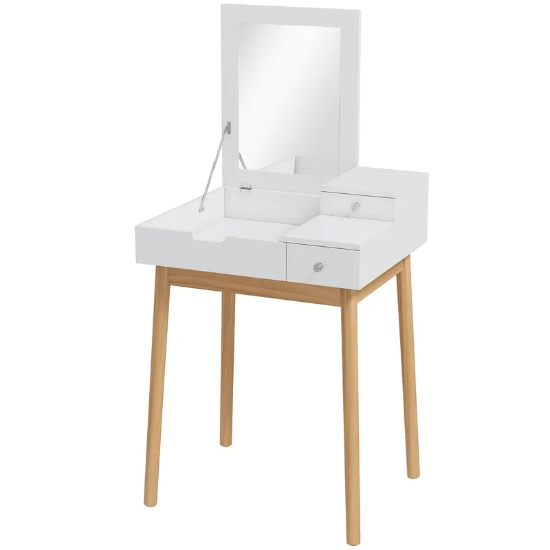 HOMCOM Masă de toaletă cu oglindă, masă de machiaj în stil modern - 2 sertare, oglindă rabatabilă pentru dormitor, living, 60 x 50 x 85,5 cm alb | Romania