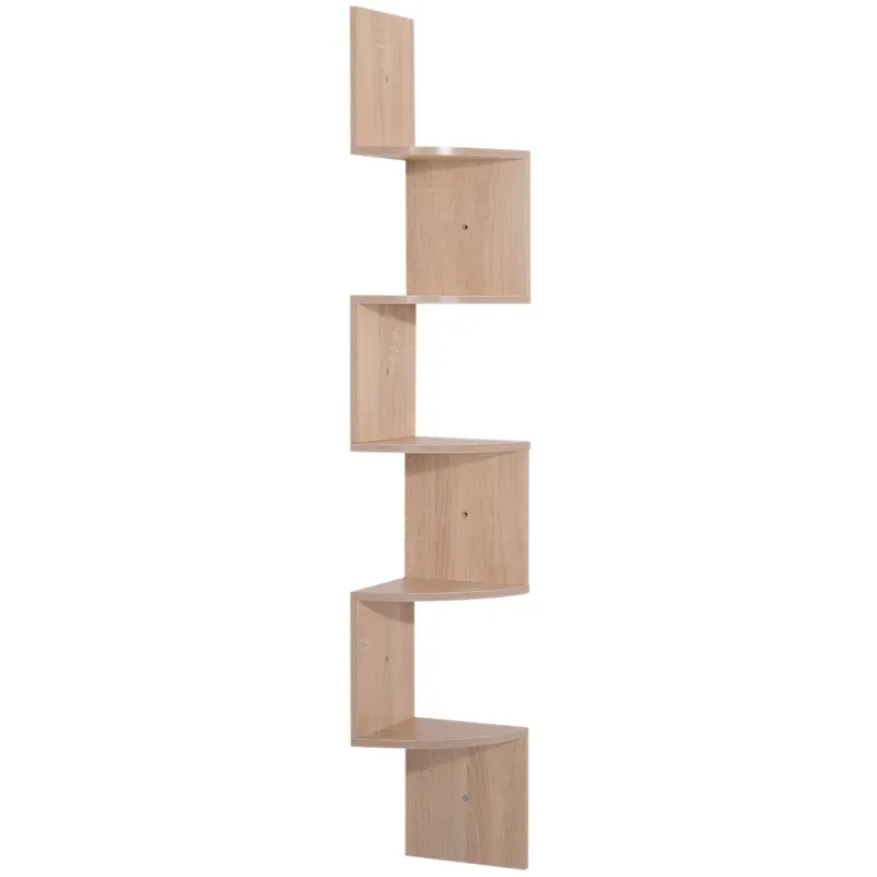 HOMCOM Raft de colț de perete pentru depozitare formă zigzag 20L x 20l x 126H cm 5 niveluri stejar deschis | Romania