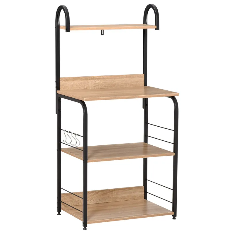 HOMCOM Etajere de bucatarie - etajera cuptor cu microunde - mobilier cuptor cu microunde - 3 rafturi, raft, carlige - panouri de particule aspect stejar deschis cadru metal negru | Romania