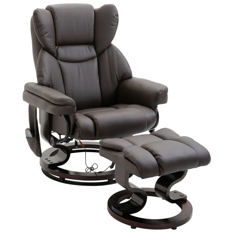 HOMCOM fotoliu relax cu taburet, fotoliu TV rotativ 360° cu masaj, funcție șezlong, fotoliu cu masaj și buzunar lateral, fotoliu recliner, piele ecologică pentru living maro | Romania