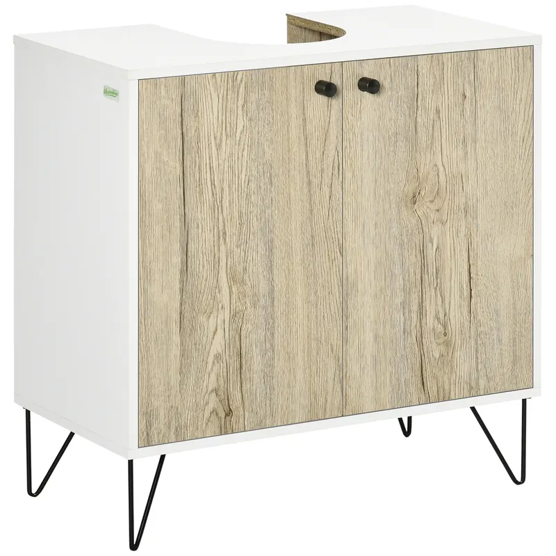 kleankin Dulap sub lavoar, mobilier de baie cu 2 uși, picioare din oțel, 60 x 30 x 60 cm, alb și lemn natural | Romania