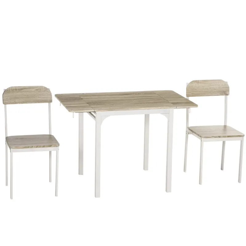Set masa si 2 scaune HOMCOM pliabile din lemn si otel, Lemn natural/alb | RO